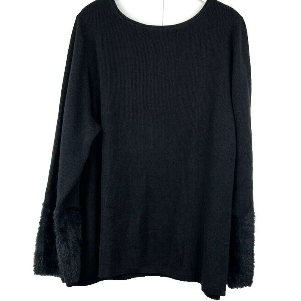 J. Jill Womens Sweater Tunic 2X Plus Solid Black Knit Long Sleeve Faux Fur Cuffs